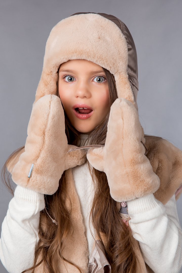 Buy Hat with earflaps for children with eco-fur, Modern, cappuccino, 56-58, I-118, Fiona