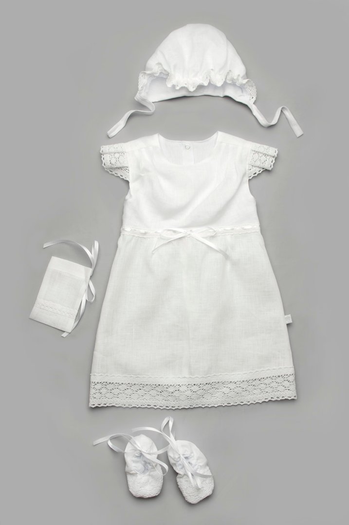 Купити Хрестильний комплект для дівчинки з льону (без Крижми), білий, 0 міс, p. 62, 03-00850, Модний карапуз