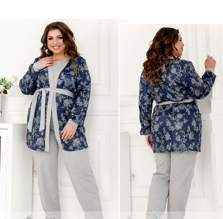 Buy Women's home suit, 3 pcs, Women's pajamas №2237, blue, grey, 66-68, Minova