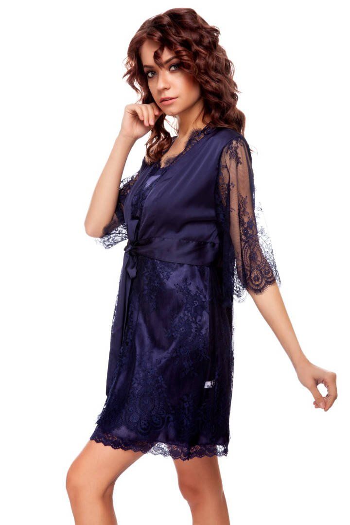 Buy Silk peignoir with lace Blue 42, F50053, Fleri