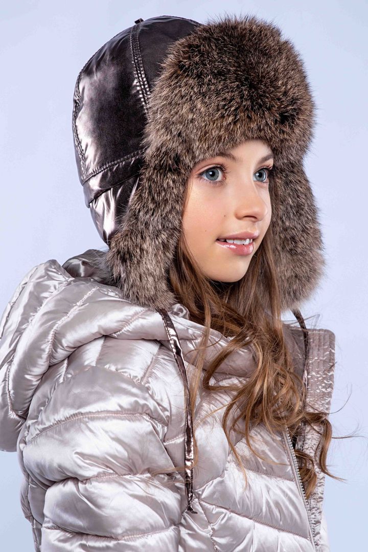 Buy Hat with earflaps for girls, insulated, Happy, Dark Bronze/Brown highlighting (marked fur - color "raccoon").,50-52, Xs-555, Fiona