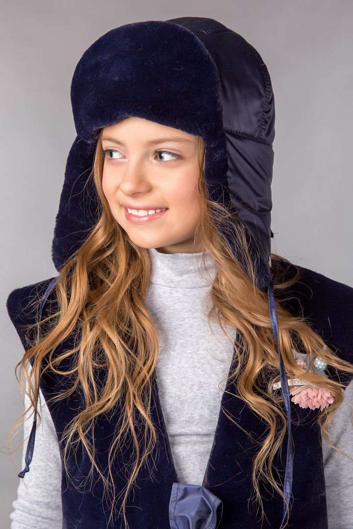 Buy Hat with earflaps for children with eco-fur, Modern, Dark blue, 56-58, I-109, Fiona
