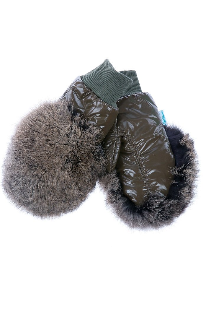 Buy Mittens, Khaki with lacquer effect with fur (color "raccoon"), AL-08, size XL, Fiona