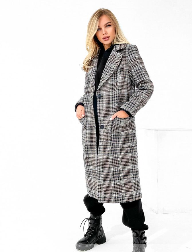 Купить Пальто женское демисезонное №2143-бежевая-клетка, 48, Minova