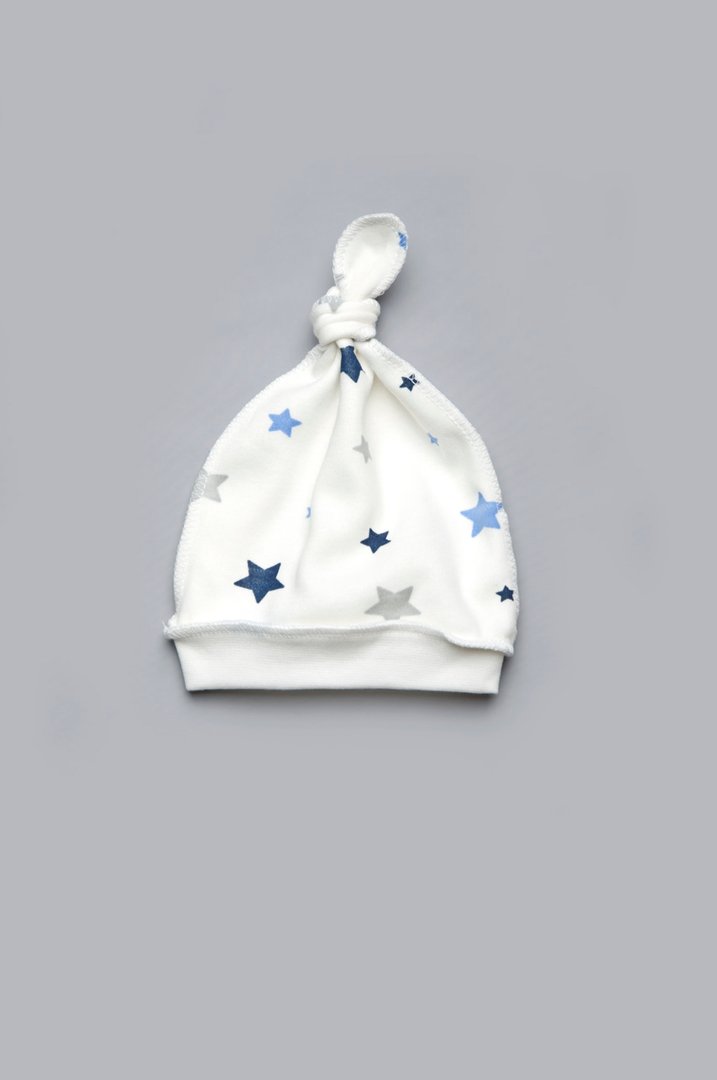 Купити Шапочка з вузлом для новонародженого хлопчика, Молочний - блакитний, 301-00064-3, р. 36, Модний карапуз