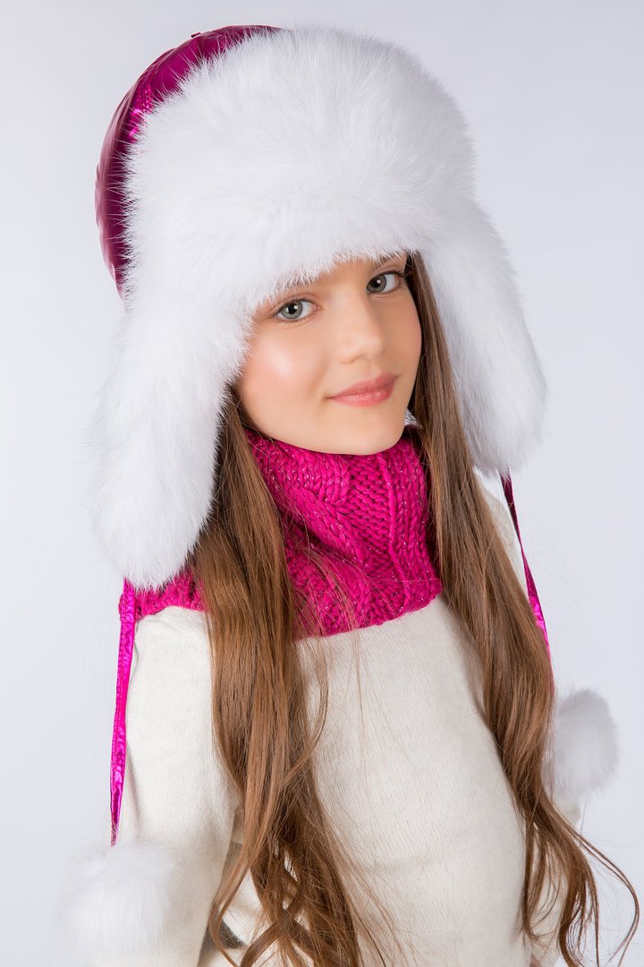 Buy Hat with earflaps for girls, insulated, Happy, Raspberry/White,50-52, Xs-350, Fiona
