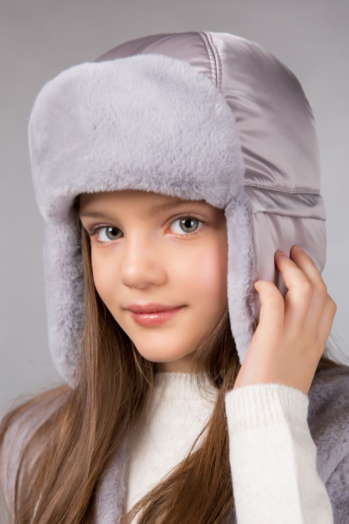 Buy Hat with earflaps for children with eco-fur, Modern, grey, 56-58, I-104, Fiona