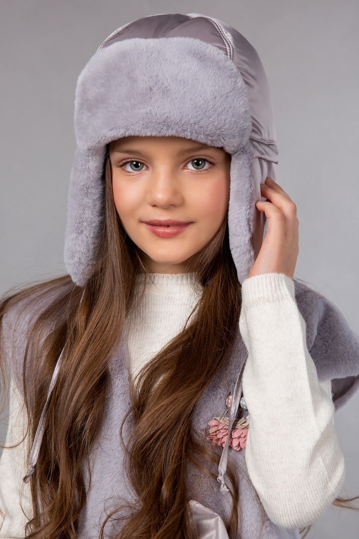 Buy Hat with earflaps for children with eco-fur, Modern, grey, 56-58, I-104, Fiona